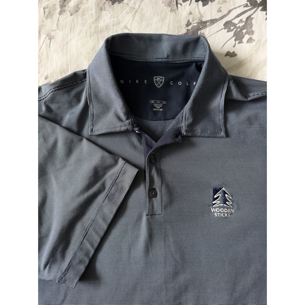 Vintage 90s Y2K Nike Golf Polo Dri-Fit UV Navy Stripe Wooden Sticks Masters Open